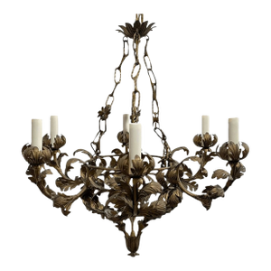 Vintage Italian Style Leaves Decor Metal 6 Arm Wired Chandelier