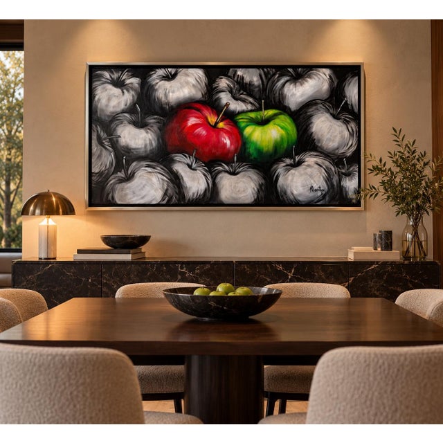 Striking modern still life acrylic on canvas signed Maritza, featuring a dramatic composition of apples rendered primarily...