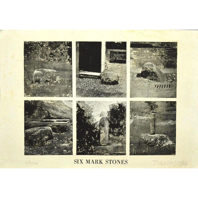 Six Mark Stones is a black and white etching on rosaspina Fabriano watermarked paper, realized in 1976 by the English Pop...