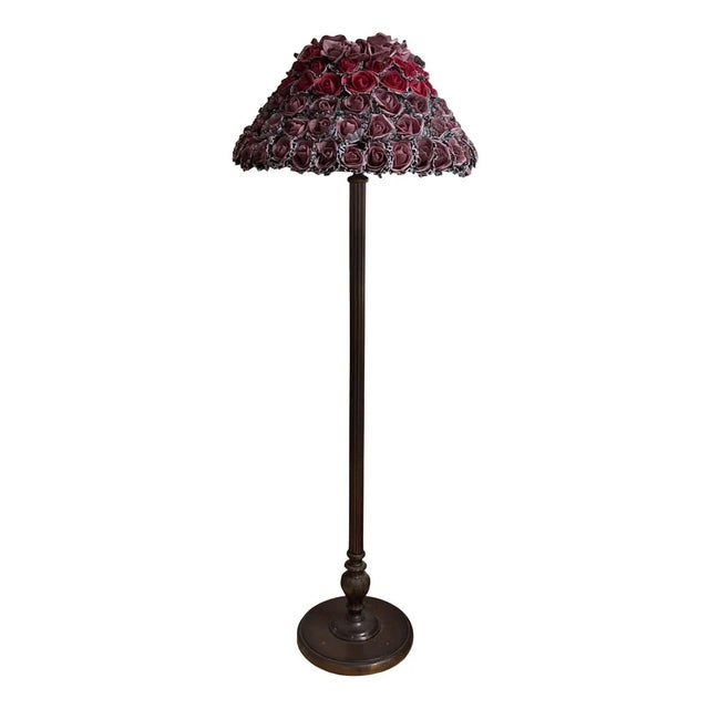 German Art Deco Floor Lamp with Patinated Brass Base and Handmade Flower Shade, 1930s For Sale - Image 13 of 13