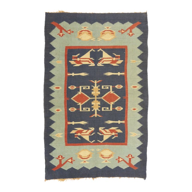 Vintage Oltenian Romanian Bird Kilim Rug - 03'02 X 05'00 For Sale