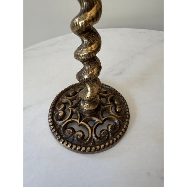 Brutalist Pair Vintage Israeli Brass Barley Twist Candlesticks | Made in Israel | Pierced Scrollwork Base | Judaica | Shabbat Candle Holders | Mid-Century Brass For Sale - Image 3 of 5