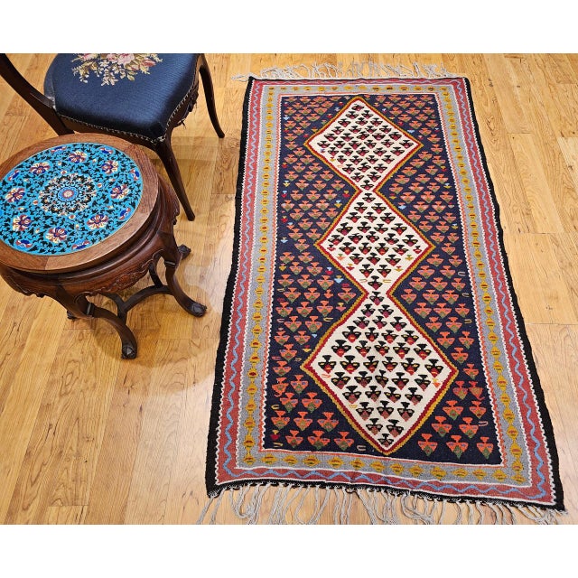 Vintage Persian Senneh Kilim, Flat-Woven Wool Rug, Paisley Pattern, Ivory & Black, 3x6 For Sale In Chicago - Image 6 of 15