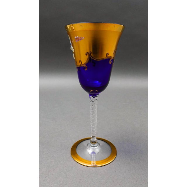 Tre Fuochi Venetian Glass Cobalt Blue 24k Gold Wine Glasses Set of 6 For Sale - Image 9 of 11