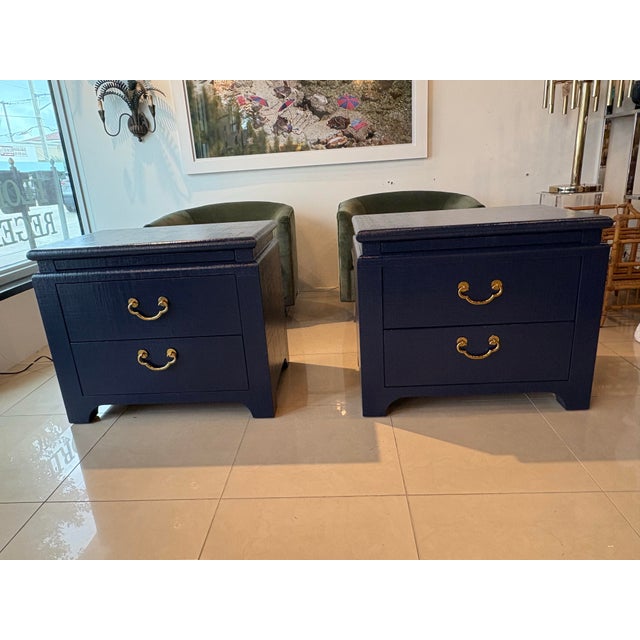 Metal Vintage Pair Harrison Van Horn Grasscloth Navy Blue Pagoda Night Stands Chests For Sale - Image 7 of 11