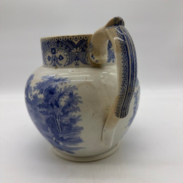 Antique English Blue Transferware Pitcher, Romantic Landscape With Castle For Sale - Image 6 of 13