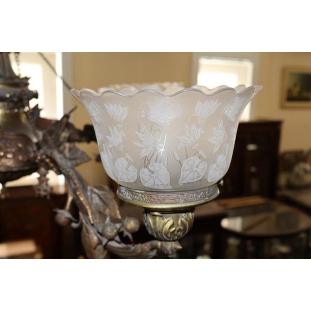 19th Century Bronze 4 Light Etched Glass Shade Gas Chandelier Gasolier For Sale - Image 18 of 18