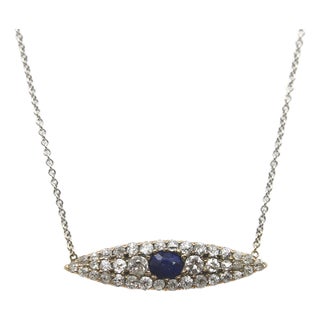 Late 19th Century Victorian 14k Gold Diamond and Sapphire Eye-Shaped Pendant Necklace For Sale