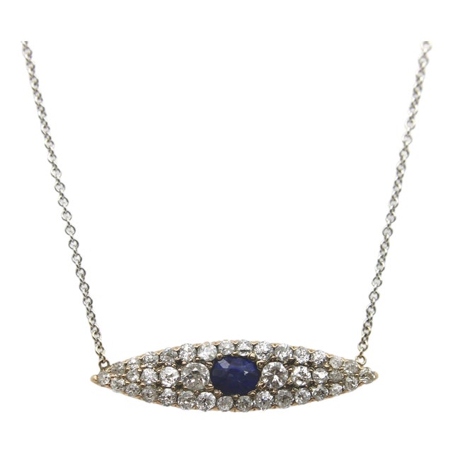 Late 19th Century Victorian 14k Gold Diamond and Sapphire Eye-Shaped Pendant Necklace For Sale