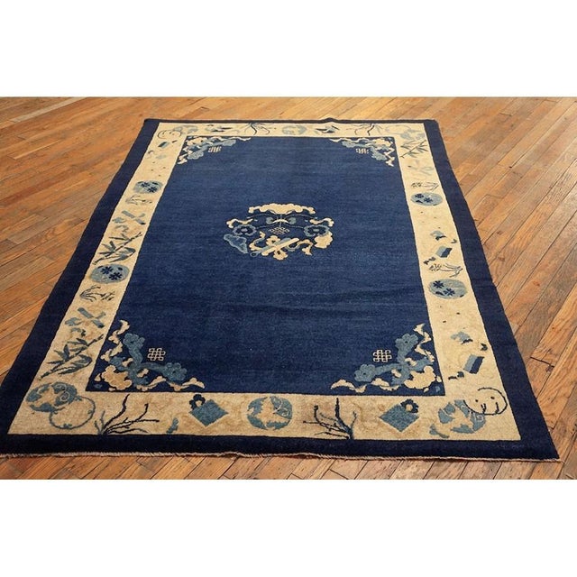 Chinese 1900s Solid Open Blue Field Antique Chinese Floral Medallion Pattern Peking Rug For Sale - Image 3 of 5