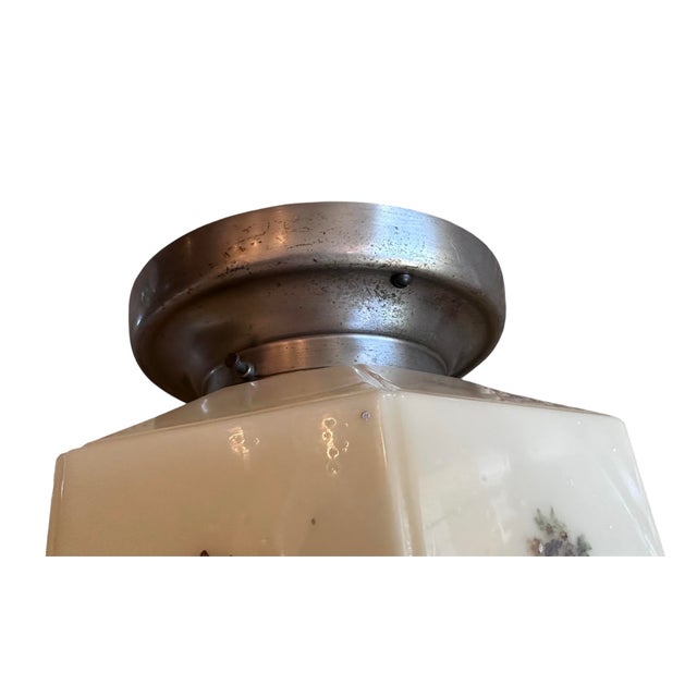 American 1920 Custard With Painted Botanicals, Octagon Shape Glass Flushmount Fixture on Original Nickel Plated Brass Holder For Sale - Image 3 of 6