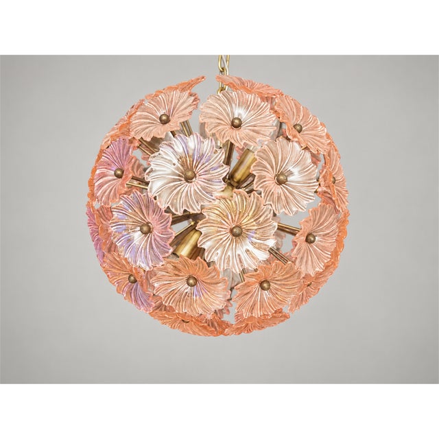 Sputnik Pendant Light with 51 Flowers in Pink Glass and Burnished Brass from Justfurnituress SRL For Sale - Image 10 of 11