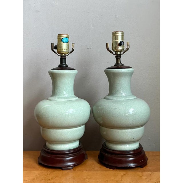 Celadon Vintage Celedon Crackle Glazed Ceramic Table Lamps - a Pair For Sale - Image 8 of 12