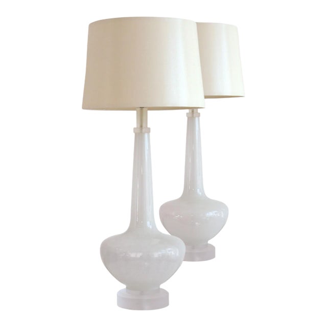 Murano Glass Table Lamps, White - as a Pair For Sale