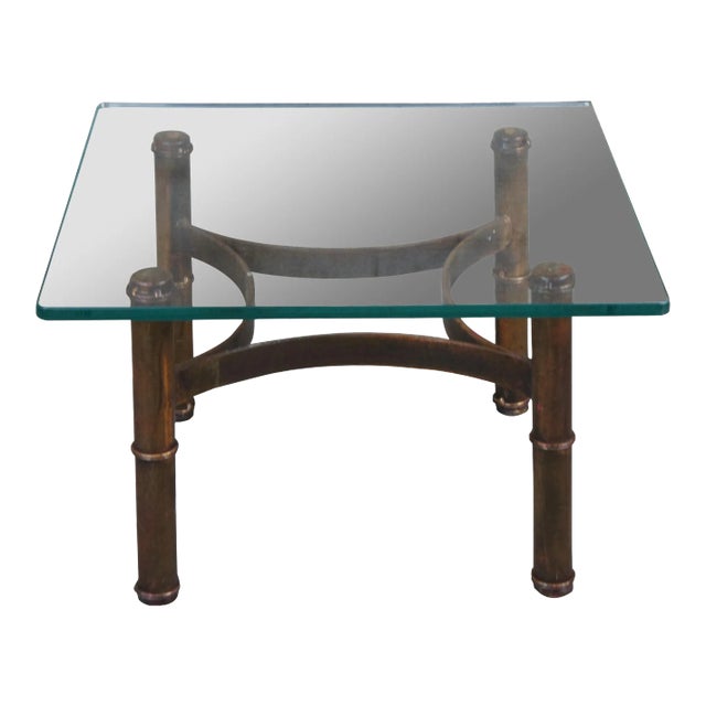 Vintage Campaign Style Square Heavy Glass & Iron Coffee Cocktail End Table For Sale
