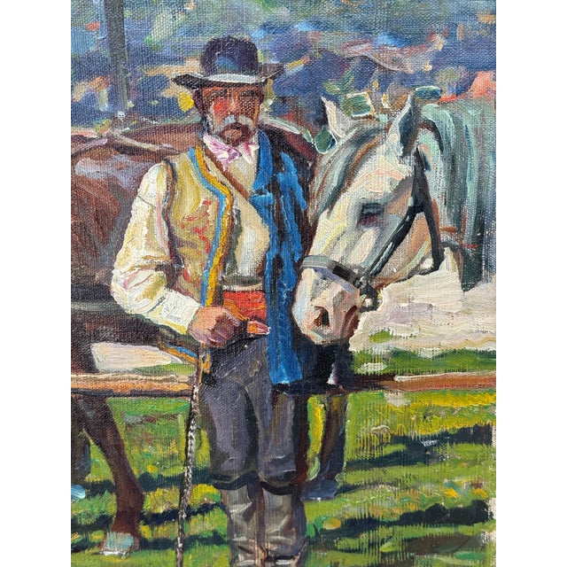 Vintage Painting on Canvas of Hungarian Horse Race- Signed For Sale - Image 9 of 14