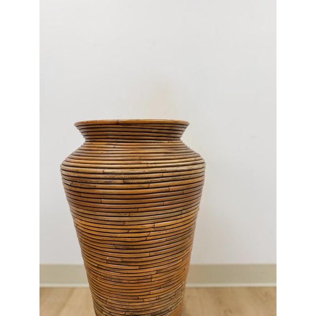 Late 19th Century Pencil Reed Rattan Gabriella Crespi Style Tall Vase Vintage Coastal Boho MCM For Sale - Image 5 of 7