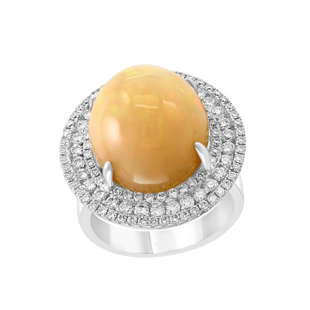 Gemstone Round Opal and Diamond Cocktail Ring 18 Karat White Gold, Estate For Sale - Image 7 of 18