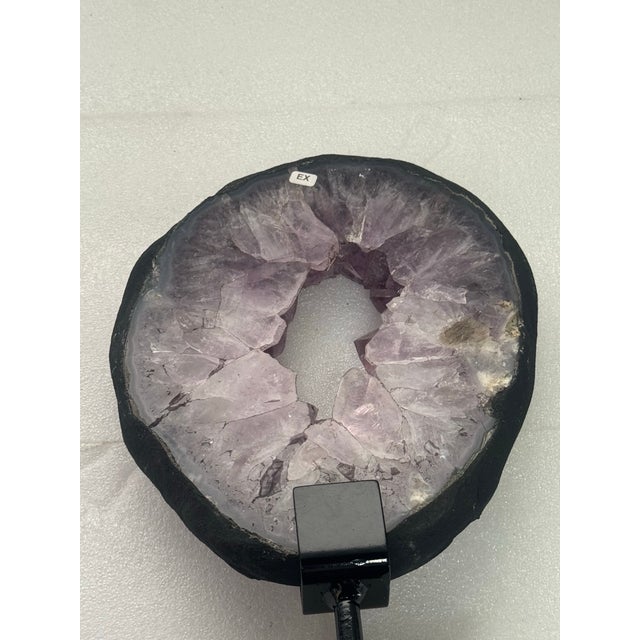 Metal 15th Century & Earlier Slice of Natural Amethyst Geode From Brazil on a Custom Black Metal Stand For Sale - Image 7 of 12