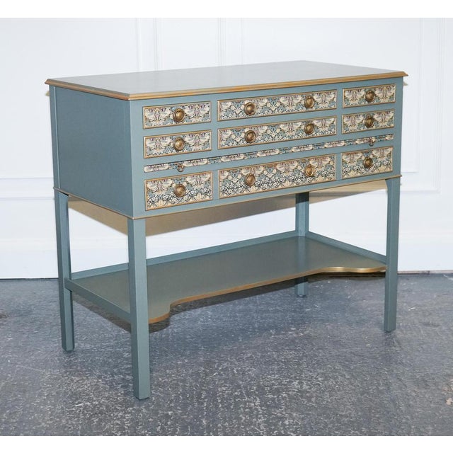 Gorgeous Eucalyptus Green & Gold Console Table with Strawberry Thief, William Morris Wallpaper. This one-of-a-kind piece...