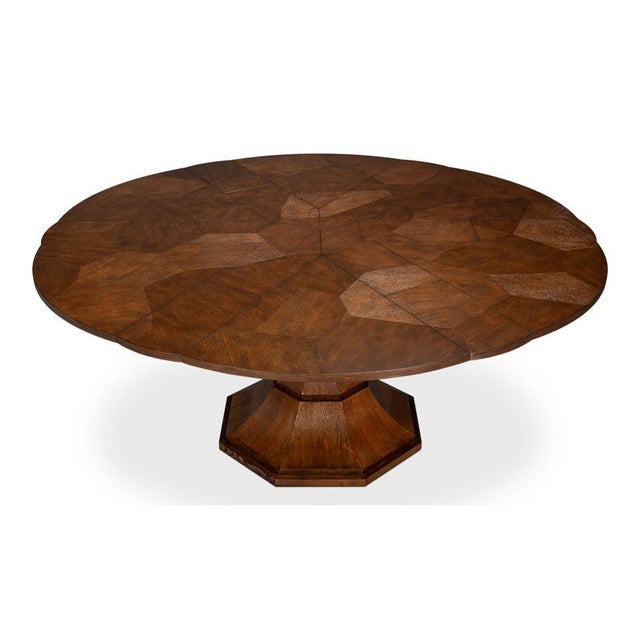Wood Transitional Round Dining Table, Medium - Warm Brown Oak With Faceted Pedestal Base For Sale - Image 7 of 11
