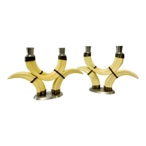 Pair Vintage 1940s Resin Tusk Candlestick Candelabras