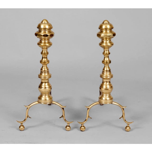 Early 19th Century Antique American Brass Andirons With Tool Set- 4 Pieces For Sale - Image 5 of 9