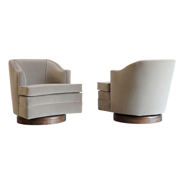 Set MCM Swivel Chairs in Taupe Velvet & Walnut, C. 1950s For Sale