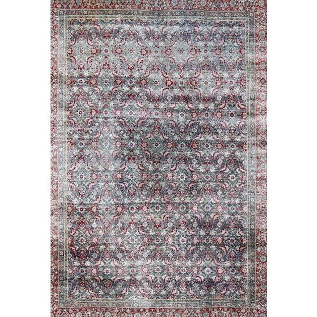 Measures: 9'3 x 13'2. Antique Persian Yazd Rug Featuring Allover Curvilinear Floral Pattern in Soft Blue. Keivan Woven...