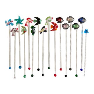 Vintage Hand-Blown Glass Tropical Fish Cocktail Stirrers, Set of 16 For Sale