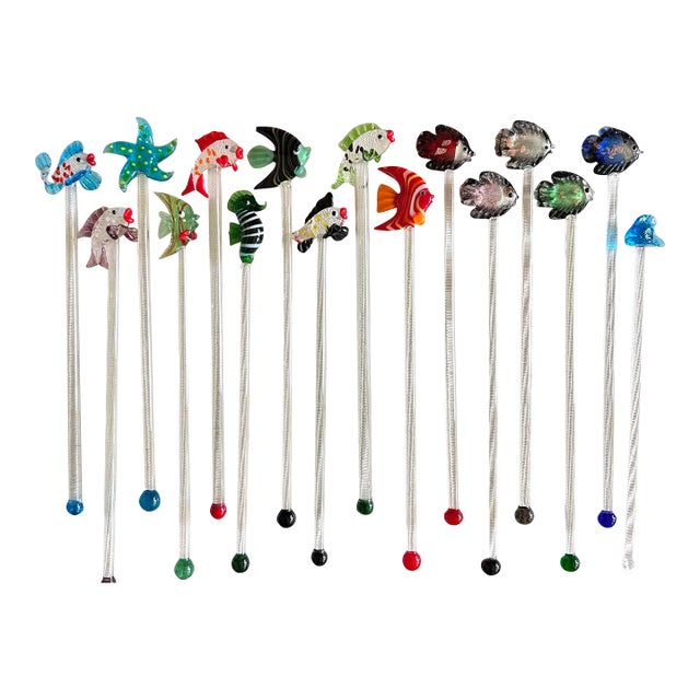 Vintage Hand-Blown Glass Tropical Fish Cocktail Stirrers, Set of 16 For Sale