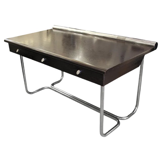 Italian Tubular Chromed Metal and Wooden Desk, 1970s For Sale