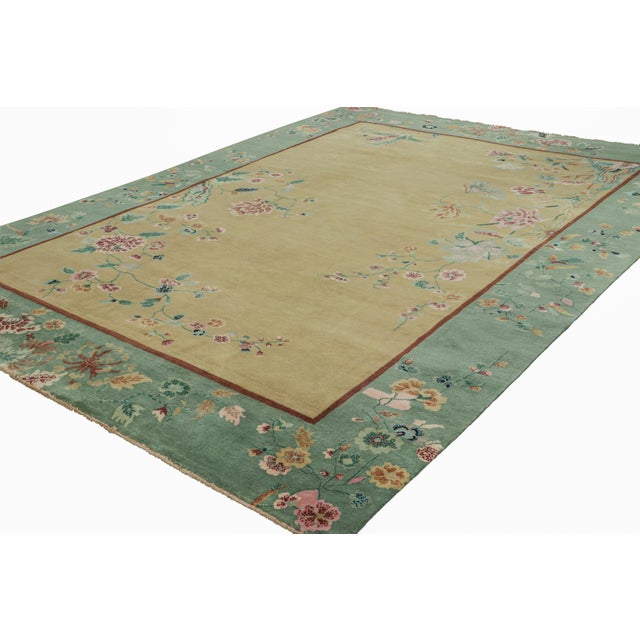 Rug & Kilim Rug & Kilim’s Chinese Art Deco Style Rug, Gold and Green With Floral Patterns For Sale - Image 4 of 7