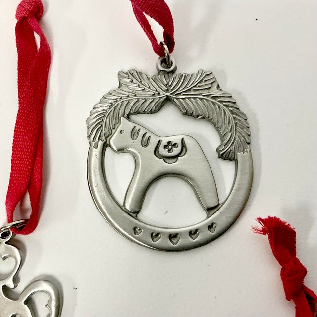 Metal Vintage Swedish Gustavian Boho Chic Pewter Christmas Ornaments - Set of 5. For Sale - Image 7 of 13