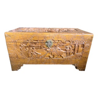 Vintage 1940’s Chinese Glazed Carved Scenic Wood Chest For Sale