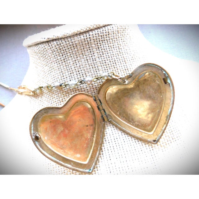 Vintage Heart Locket, Paisley Design, Grey Pearl, Long Gold Chain, Pearl Bead Drop, Valentine For Sale - Image 4 of 12