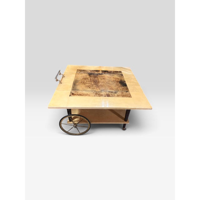 Vintage Aldo Tura Milano Italian Lacquered Goatskin Parchment Drop-Leaf Bar Cart, 1960s For Sale - Image 10 of 12