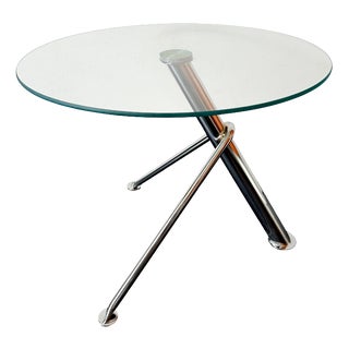 Vintage Modern Minimalist Round Glass Side Table with Sculptural Chrome Base, 1990s For Sale