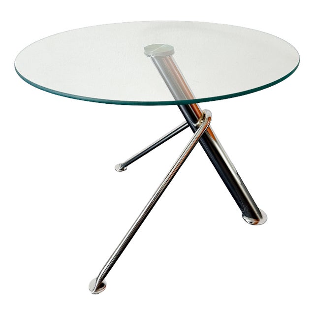 Vintage Modern Minimalist Round Glass Side Table with Sculptural Chrome Base, 1990s For Sale