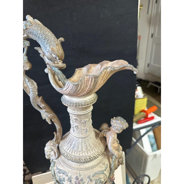 Baroque Vintage Cast Metal Figural Ewer With Cherub & Marble Base, 24” For Sale - Image 3 of 10
