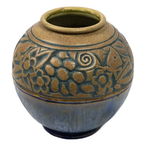 Art Deco Round Glazed Model 172J Stoneware Vase with Stylized Bestiary Frieze of Birds, Fish, and Fruit by Mougin Nancy & Gaston Ventrillon, 1925-1930 For Sale