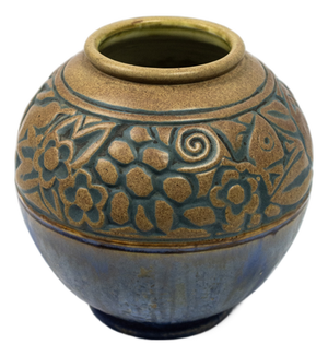 Art Deco Round Glazed Model 172J Stoneware Vase with Stylized Bestiary Frieze of Birds, Fish, and Fruit by Mougin Nancy & Gaston Ventrillon, 1925-1930