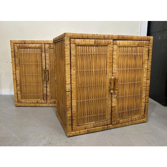 Vintage pair of buri rattan cabinets that make a great pair of nightstands when you need to add a tropical touch.