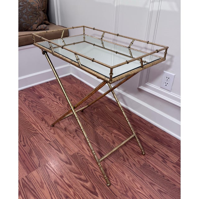 Vintage Hollywood Regency Faux Bamboo Gold Finish Mirror Collapsible Tray Table For Sale - Image 4 of 12