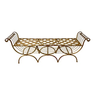 Hollywood Regency Gold Gilt Metal Lattice Bench For Sale