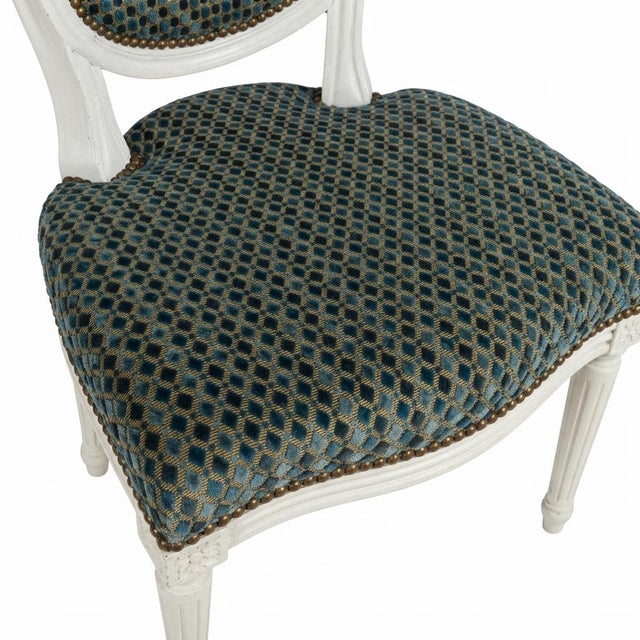 Louis XVI Style Medallion Chairs in Blue Textured Fabric, 1980s, Set of 6 For Sale - Image 18 of 18