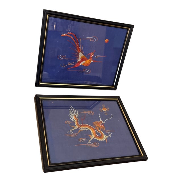 Mid 20th Century Asian Silk Dragon & Phoenix Embroidery ~ a Pair For Sale