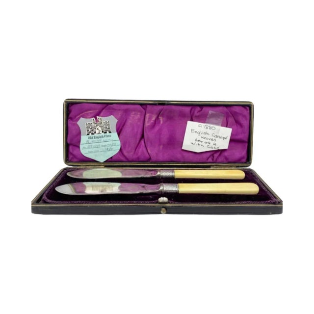 Details: -Knives are antique (c. 1880) and come with original presentation box with red silk lining -Each blade is etched...