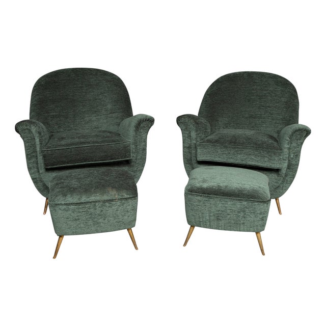 Vintage Italian Green Fabric Armchairs and Ottomans, 1950, Set of 4 For Sale