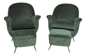 Vintage Italian Green Fabric Armchairs and Ottomans, 1950, Set of 4